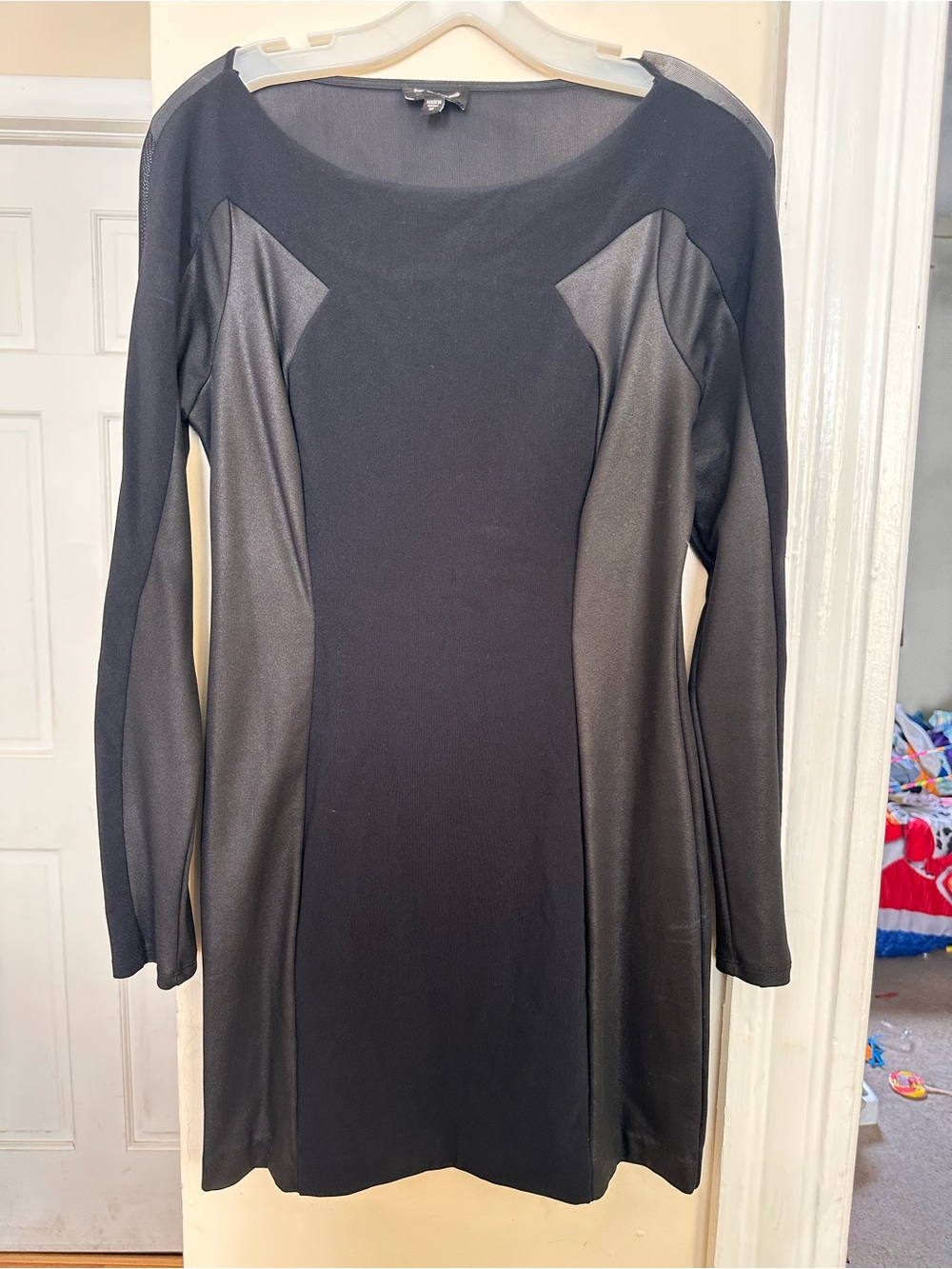 bebe Black Long-Sleeve Mini Dress with Panel Accents